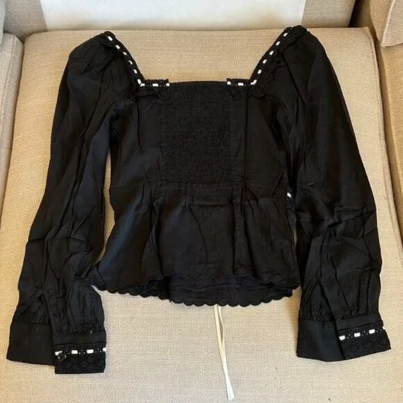 NEW Reformation Haisley Top Blouse Sz2 Black Long Sleeves Lace Cotton Bow - Picture 6 of 7
